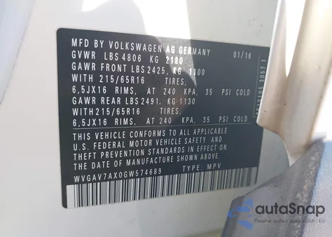 2016 Volkswagen Tiguan S z USA, uszkodzony, nr VIN WVGAV7AX0GW574689